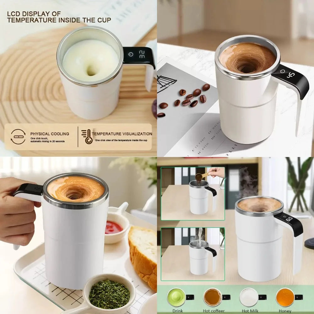 USB Rechargeable Auto Coffee Mixer Cup with Temp Display, Portable 304 Stainless Steel Electric Stirrer for Milk, Chocolate, Moc